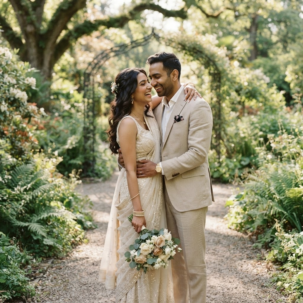 Fictional couple in a botanical garden