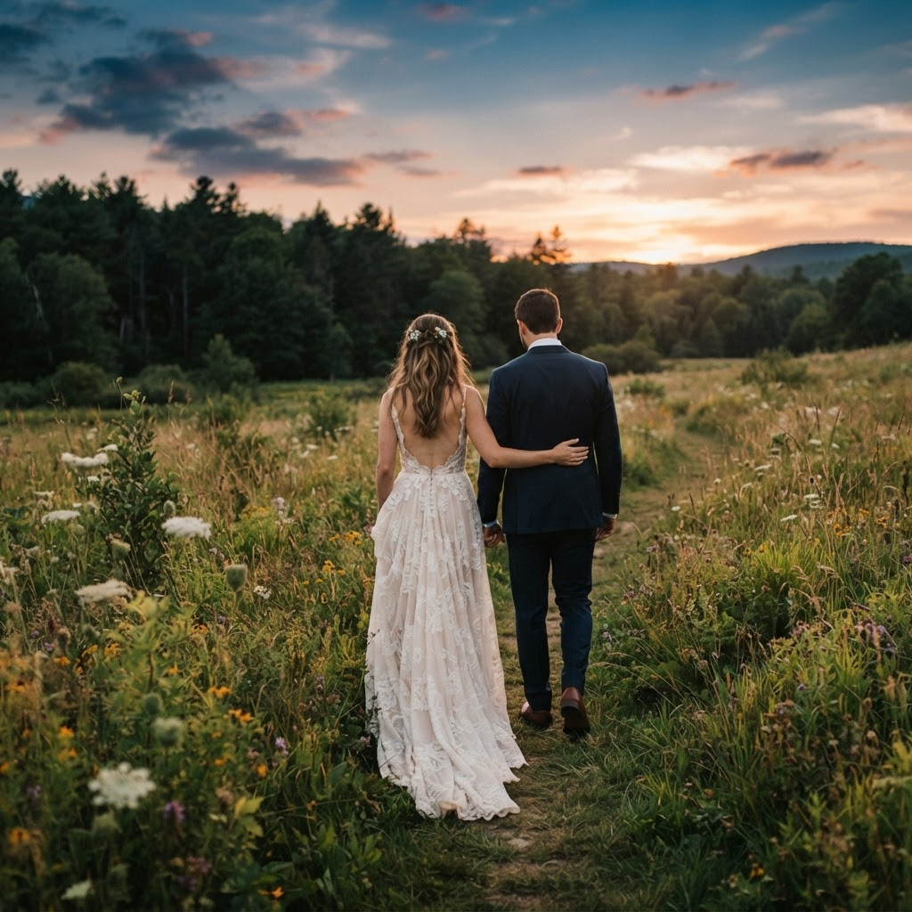 Fictional couple walking through a meadow